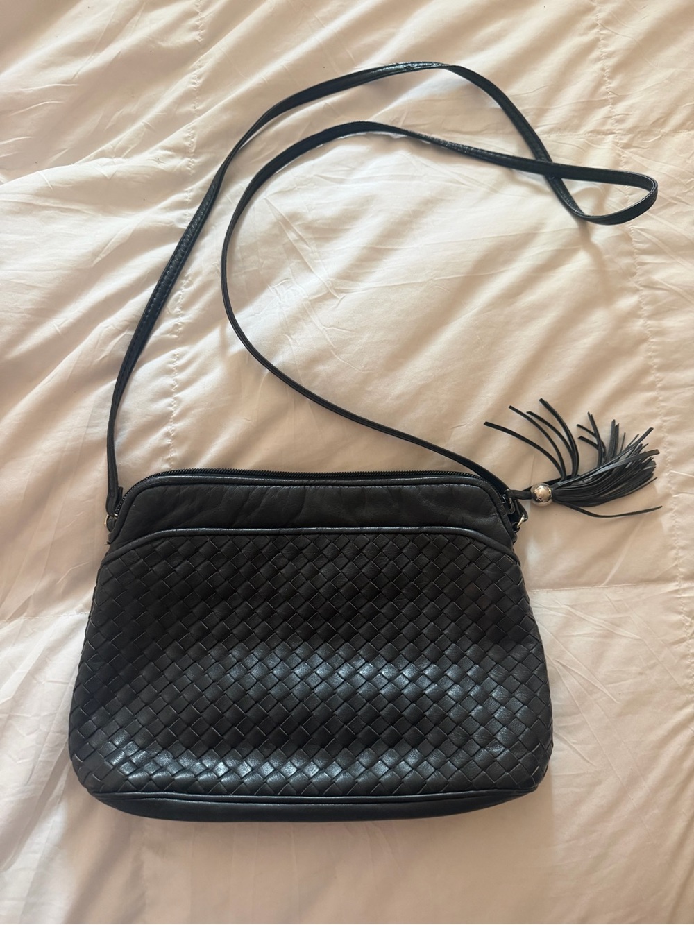 Danson Vintage Leather Woven Crossbody Bag with Tassel ~ black & silver